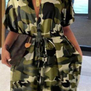 Plus Size Street Turndown Collar Camo Print One-piece Jumpsuit